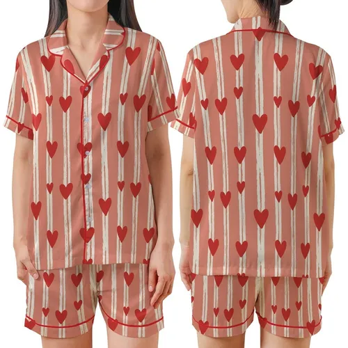 Bridesmaid Muted Salmon Pink Hand Block Print Rustic Stripe Heart Cotton Pajama Set Satin Short-Sleeve Pajamas Set