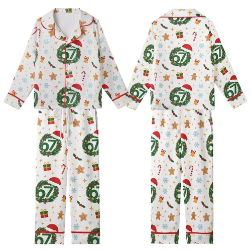 Holiday '67' Wreath Pajama Pants: Festive Snowflake, Gingerbread & Candy Cane Sleepwear Kid Satin Pajamas Set