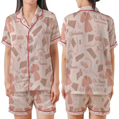 Women's PJs & Prosecco Celebration Pajamas: Rose Gold Glitter, Pearl & Champagne Sleep Set Satin Short-Sleeve Pajamas Set