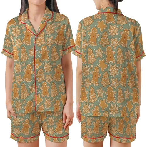 Gingerbread Christmas Pajamas: Sage Green Iced Cookie Pattern - Cozy Holiday Sleep Set Satin Short-Sleeve Pajamas Set
