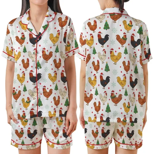 Whimsical Chicken & Christmas Lovers Illustrative Poultry Pattern with Festive Santa Hats, Green Garlands, & Red Stars Satin Short-Sleeve Pajamas Set
