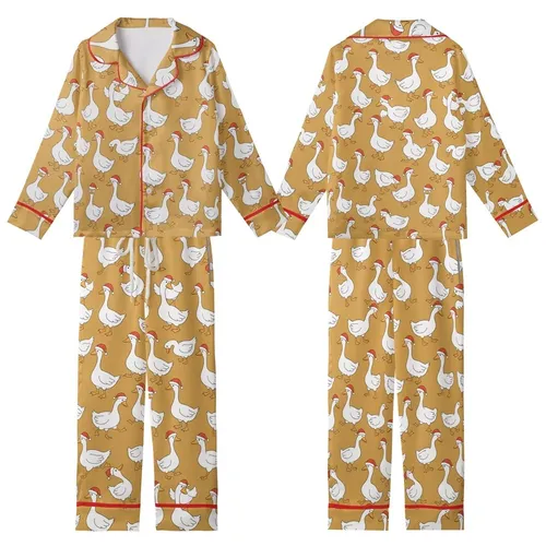 Women's Funny White Geese Christmas Pajama Set with Santa Hats Kid Satin Pajamas Set