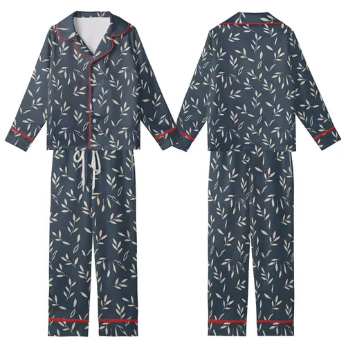 Juliette Women's French Linen Pajamas: Charcoal Blue Organic Leaf Sleep Set Kid Satin Pajamas Set