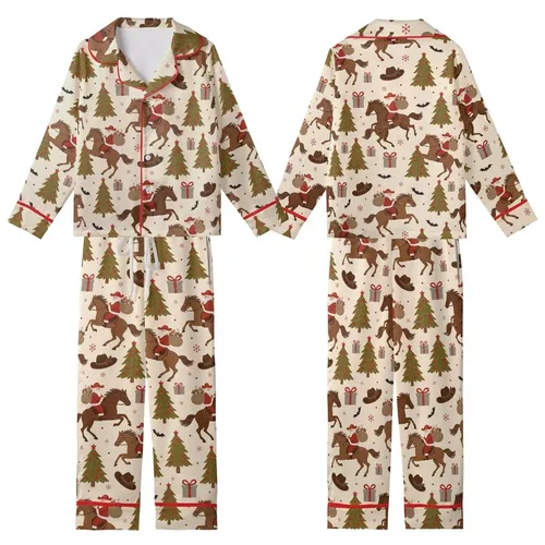 Western Holiday Enthusiast: Rustic Santa Cowboy Horse & Bat Seamless Graphic Print Kid Satin Pajamas Set