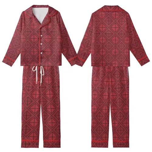 Women's Pure Silk Sleep Set: Burgundy & Crimson Geometric Lattice Loungewear Kid Satin Pajamas Set