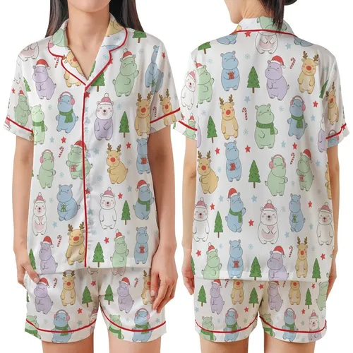Whimsical Pastel Hippo Pattern: Festive Reindeer & Polar Bear Christmas Art - Unique Wearable Design Satin Short-Sleeve Pajamas Set