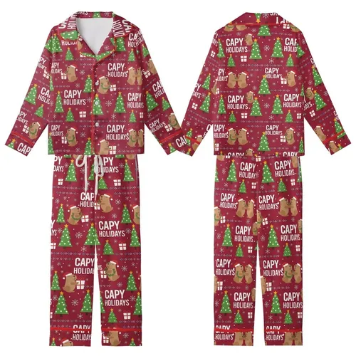 Capybara Christmas Pajamas: Santa Hat Animal & "CAPY HOLIDAYS" Festive Polyester Spandex Sleep Set Kid Satin Pajamas Set