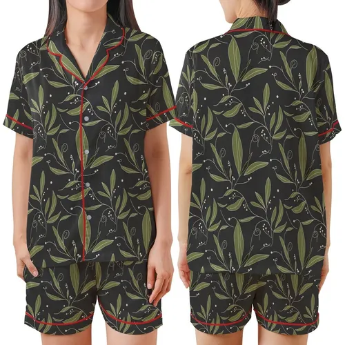 Women's Oeko-Tex Linen Sleep Set: Organic Botanical Pattern, Off Shoulder & Relaxed Fit Satin Short-Sleeve Pajamas Set