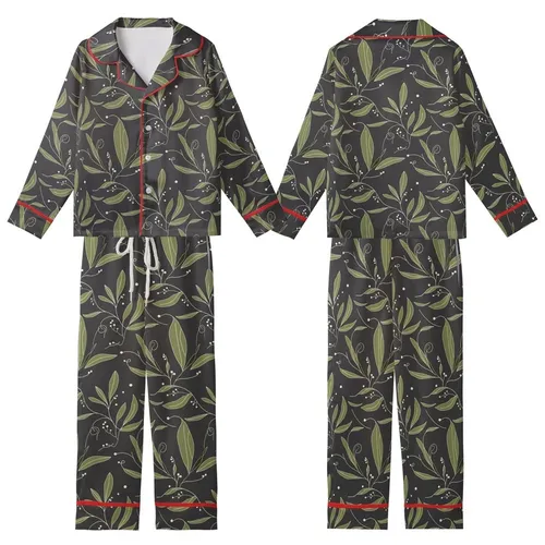 Women's Oeko-Tex Linen Sleep Set: Organic Botanical Pattern, Off Shoulder & Relaxed Fit Kid Satin Pajamas Set