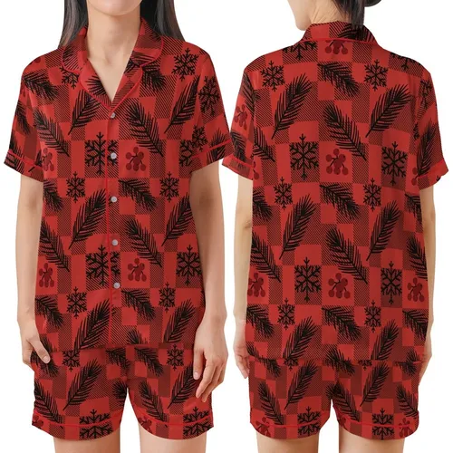 Rustic Lodge Enthusiasts' Bold Red Black Buffalo Plaid Pine Branch Berry Snowflake Flat Graphic Satin Short-Sleeve Pajamas Set