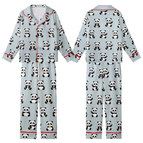 Panda Lovers' Cute Playful Panda Bear Characters Seamless Pattern with Golden Bows on Light Blue-Gray Background Kid Satin Pajamas Set
