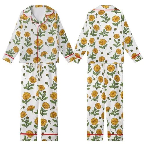 October Celebrants Detailed Marigold Floral Illustration Yellow Orange Green Botanical Print Kid Satin Pajamas Set