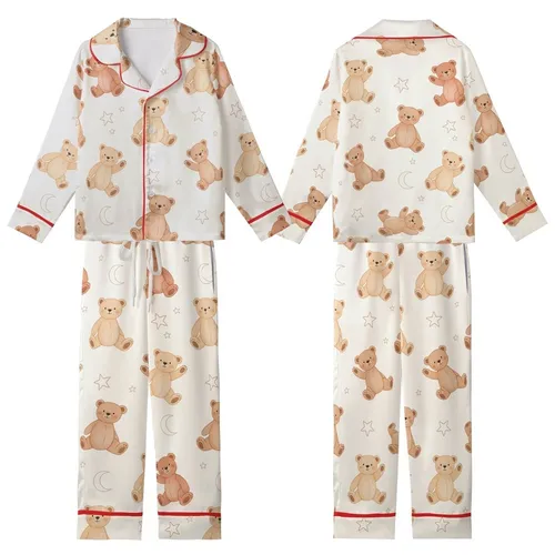 Women's Muslin Crinkle Cotton Sleep Set: Hand-Drawn Teddy Bears, Stars & Moons Kid Satin Pajamas Set