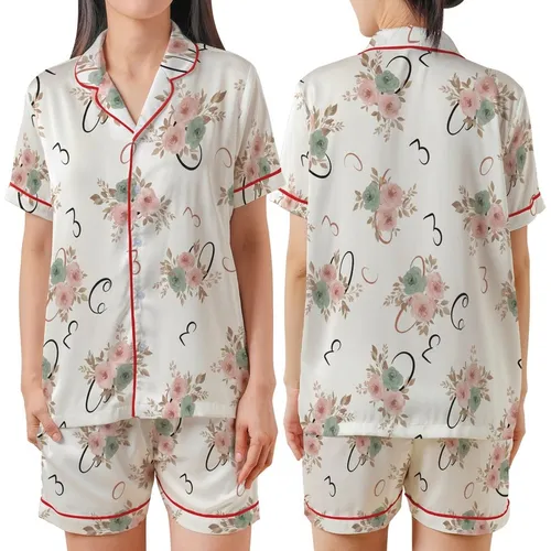Women's Elegant Watercolor Bloom Calligraphy Numeral Pattern in Pastel Pink & Sage Satin Short-Sleeve Pajamas Set