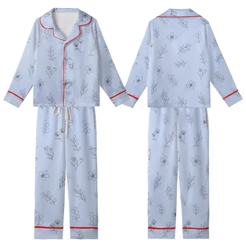 Bridesmaid Delicate Periwinkle Blue Black Single-Line Botanical Art Pattern Kid Satin Pajamas Set
