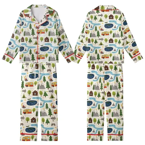 Outdoor Enthusiasts' Whimsical Forest Camping Pattern: Green Pines, Cabins, Campfires, RVs & Mountains on Creamy Off-White Kid Satin Pajamas Set