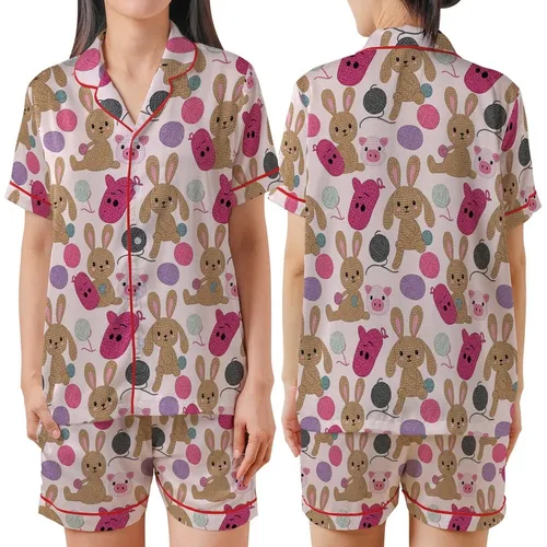 Cozy Loungewear: Crocheted Floppy Ear Bunny & Pig Slipper Pattern - Soft Tones Pajamas Satin Short-Sleeve Pajamas Set