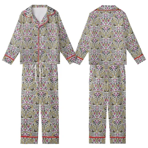 Artful Design Enthusiasts' Art Nouveau Stylized Vine Curvilinear Pattern Grey Mustard Fuchsia Kid Satin Pajamas Set