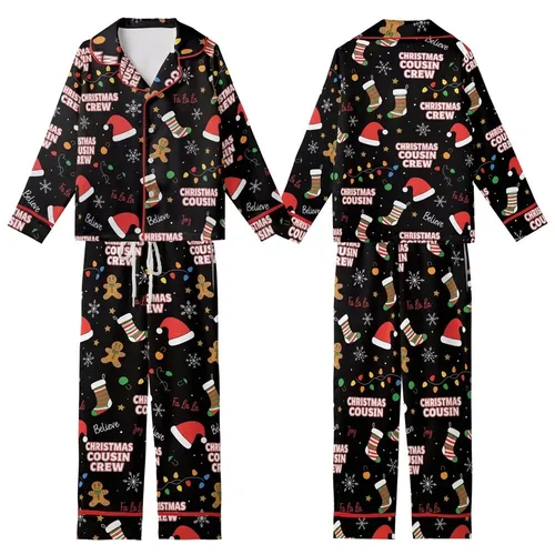 Cousin Crew Christmas: Festive All-Over Santa Hats, Lights, Stockings & Snowflakes Pattern - Soft Cotton Pajamas Kid Satin Pajamas Set