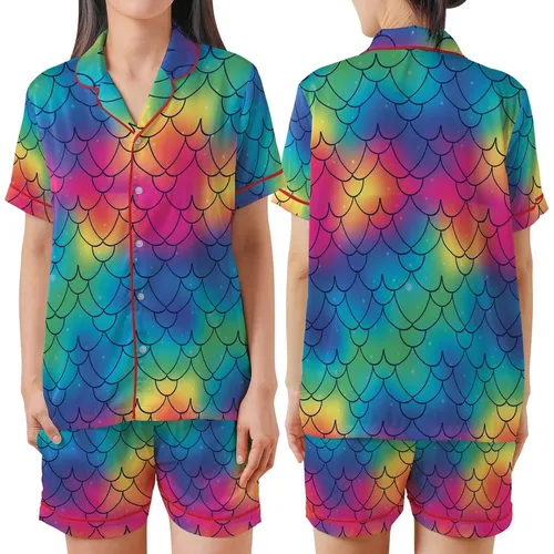 Fantasy Lovers' Fluid Iridescent Rainbow Dragon Scales Seamless Pattern Ocean to Fire Hues Satin Short-Sleeve Pajamas Set