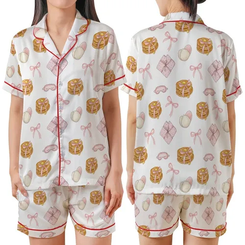 Girls' Watercolor Pancakes & Pink Bow Pajamas Sleep Set Satin Short-Sleeve Pajamas Set