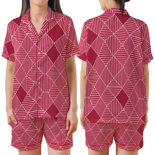 Women's Pink Red Abstract Striped Polygon Pure Cotton Pajamas Satin Short-Sleeve Pajamas Set