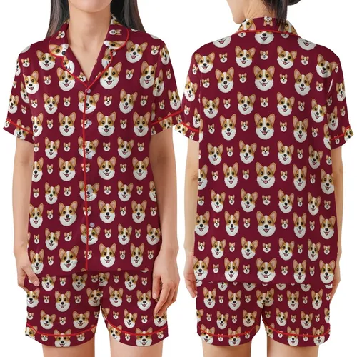 Corgi Lovers' Cheerful Photorealistic Corgi Faces Scattered All-Over Deep Crimson Red Satin Short-Sleeve Pajamas Set