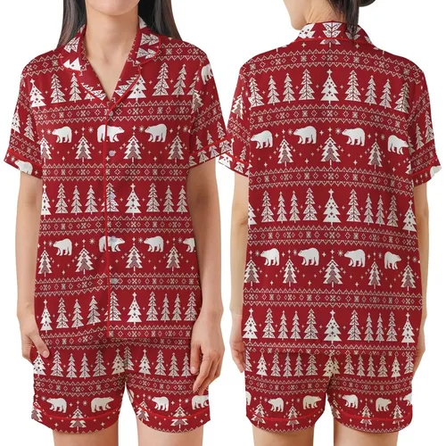 Holiday Lovers' Deep Red White Nordic Fair Isle Polar Bear Fir Tree Snowflake Geometric Pattern Satin Short-Sleeve Pajamas Set