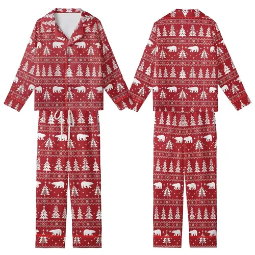 Holiday Lovers' Deep Red White Nordic Fair Isle Polar Bear Fir Tree Snowflake Geometric Pattern Kid Satin Pajamas Set