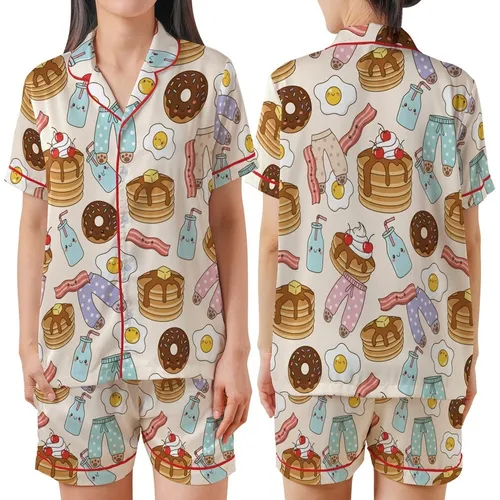 Pajama Party & Brunch: Whimsical Pancakes, Donut & Polka Dot Pajama Pants Digital Invitation & Decor Kit Satin Short-Sleeve Pajamas Set