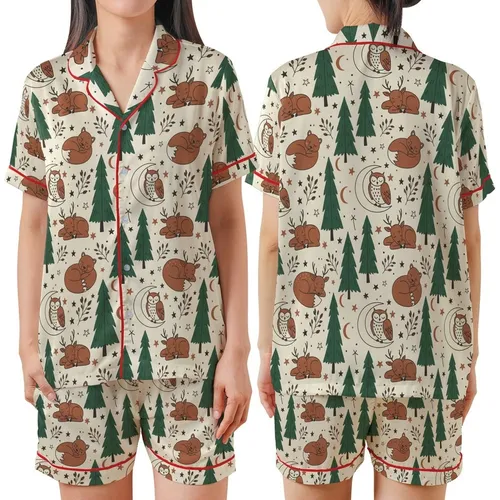 Whimsical Forest Slumber: Hand-Drawn Storybook Woodland Creatures Pattern Satin Short-Sleeve Pajamas Set