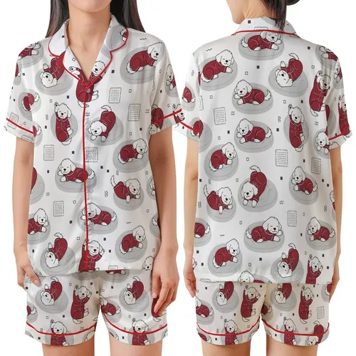 Dogs & Cats Ruby Red Satin Pajamas: Cozy Fluffy Puppy Vector Art Sleep Set Satin Short-Sleeve Pajamas Set