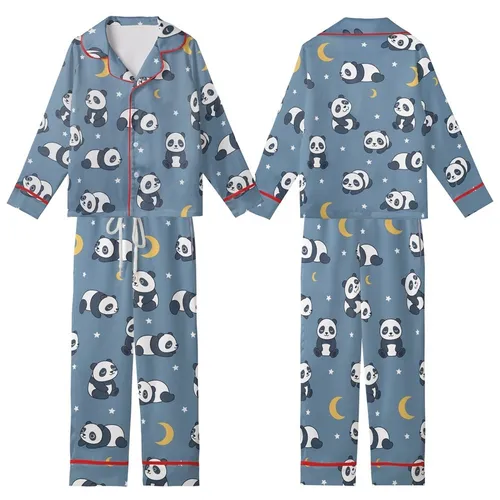Cozy Panda Print Sleep Set: Whimsical Cartoon Design with Stars & Moons on Blue-Grey Kid Satin Pajamas Set
