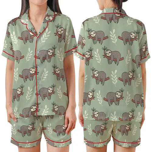 Adult Personalized Sloth Pajama: Funny Cartoon Sage Green Leaf Print Loungewear Satin Short-Sleeve Pajamas Set