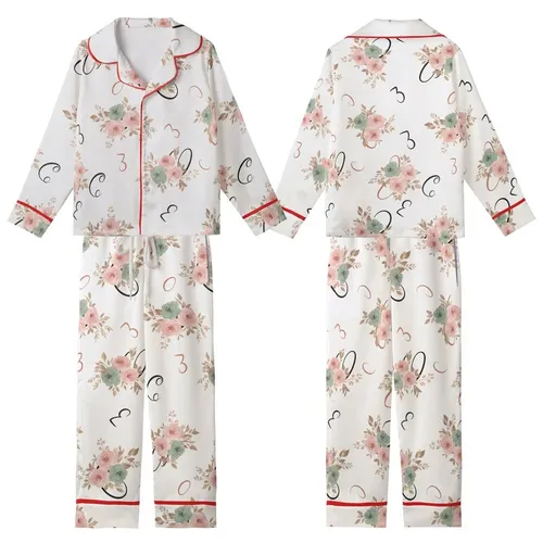Women's Elegant Watercolor Bloom Calligraphy Numeral Pattern in Pastel Pink & Sage Kid Satin Pajamas Set