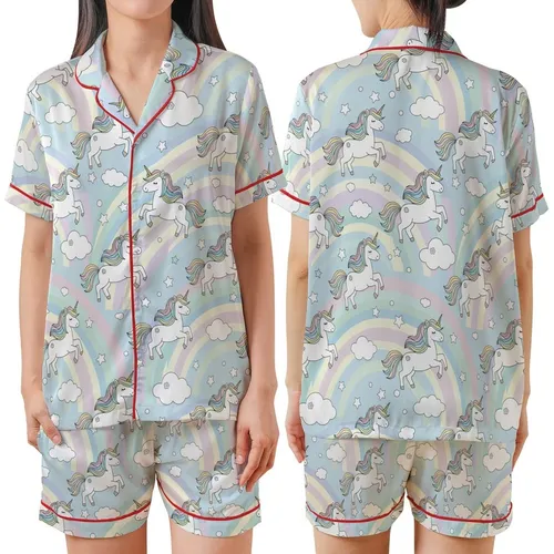 Fantasy Lover's Flat Cartoon Unicorn Pastel Rainbow Seamless Pattern Satin Short-Sleeve Pajamas Set
