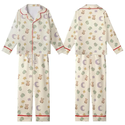 Cozy Nursery Pattern: Minimalist Moon Star Teddy Romper Print - Cream Lavender Gold Kid Satin Pajamas Set