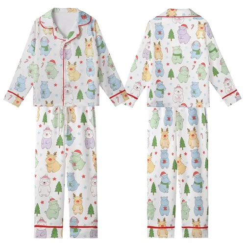 Whimsical Pastel Hippo Pattern: Festive Reindeer & Polar Bear Christmas Art - Unique Wearable Design Kid Satin Pajamas Set