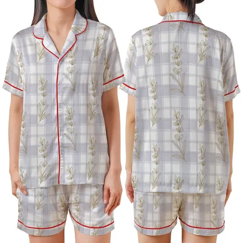 Family & Bridesmaid Rayon Pajamas: Subtle Gingham & Lavender Botanical Sleep Set Satin Short-Sleeve Pajamas Set