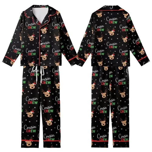 Cousin Crew Festive Graphic: Playful Cartoon Reindeer, Santa Hats & Snowflakes - Black Family Print Kid Satin Pajamas Set