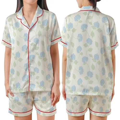 Bridesmaids Hydrangea Floral Notched Collar Rayon Sleep Ensemble - Wedding Party Getting Ready Kid Satin Pajamas Set