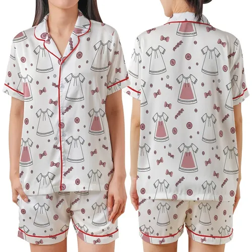 Girls' Playful Line Art Pajama Set: Minimalist Bow & Button Dusty Pink Nightwear Motif Satin Short-Sleeve Pajamas Set