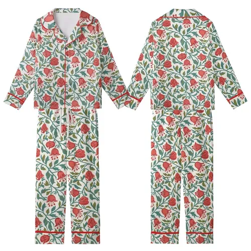 Women's Hand Block Printed Coral Red Bellflower Teal Leaf Pure Cotton Sleepwear Set Kid Satin Pajamas Set