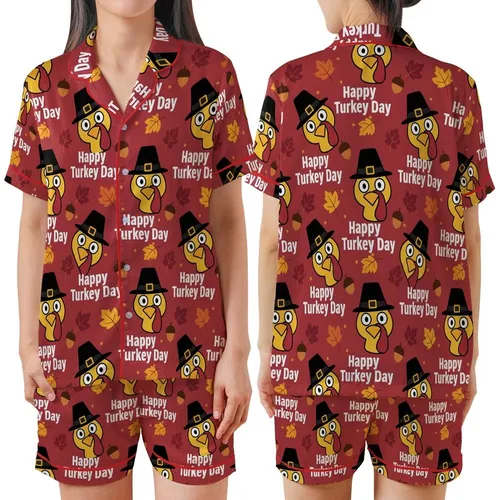 Thanksgiving Celebrators Cheerful Flat Cartoon Pilgrim Turkey Heads 'Happy Turkey Day' Autumn Leaves Acorns Pattern on Deep Red Satin Short-Sleeve Pajamas Set