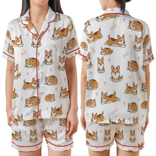 Corgi Lovers' Christmas Pajamas: Playful All-Over Cartoon Corgi Print & Pink Hearts - Polyester Spandex Sleep Set Satin Short-Sleeve Pajamas Set
