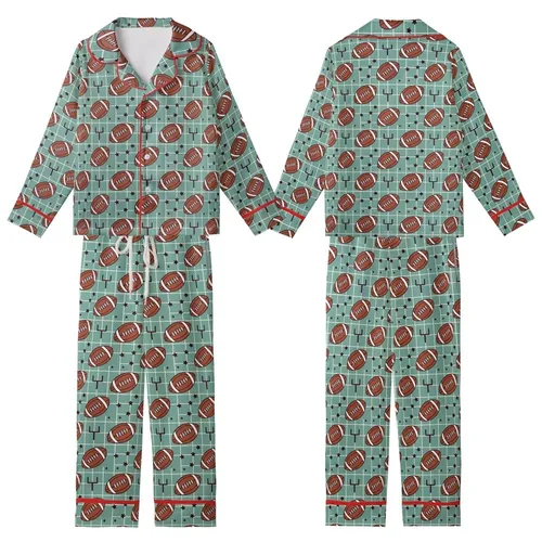 Game Day Enthusiasts' Playful Brown Footballs Muted Teal Grid Star Goalpost Pattern Kid Satin Pajamas Set