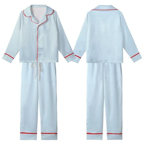 Women's Boho Light Blue White Minimalist Geometric Striped Organic Cotton Pajama Ensemble Kid Satin Pajamas Set