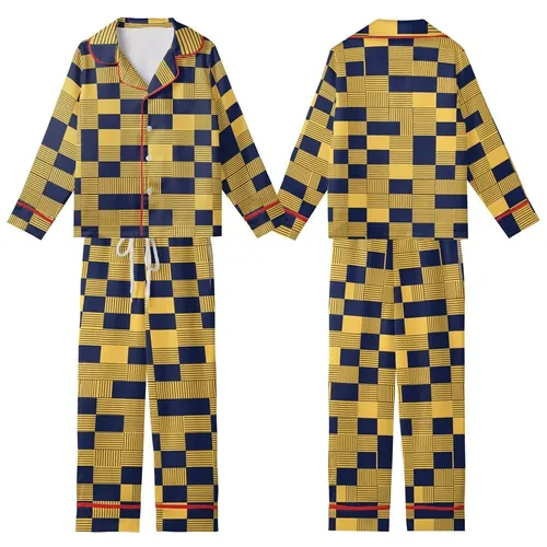 Modern Enthusiasts Deep Navy Golden Yellow Geometric Rectangular Square Tessellation Striped Gold Accents Kid Satin Pajamas Set