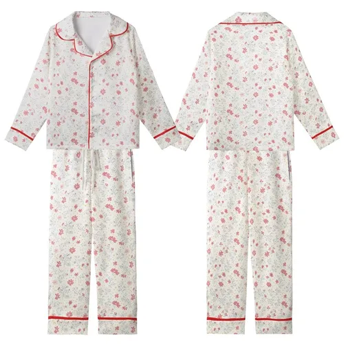 Women's Organic Muslin Sleep Shirt: Muted Ditsy Wildflower Print - Soft Cotton Loungewear Kid Satin Pajamas Set