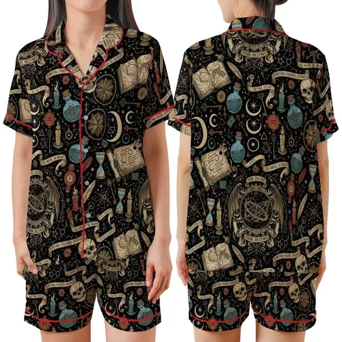 Mystical Art Lovers' Dark Academia Grimoire Celestial Astrolabe Bat Wing Aged Gold Parchment Tan Arcane Pattern Satin Short-Sleeve Pajamas Set